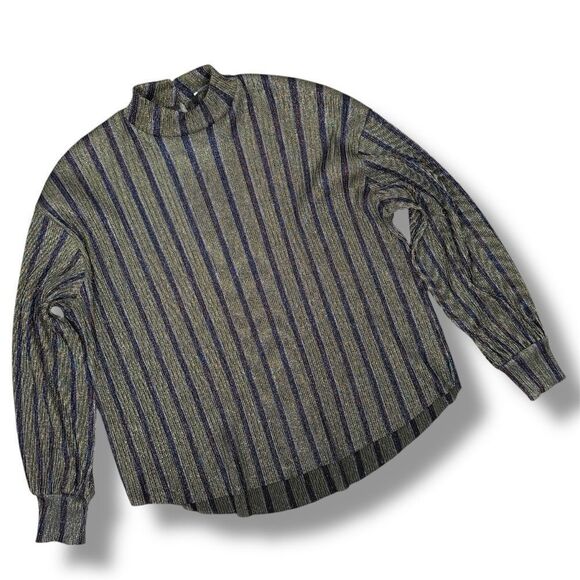 Zara Metallic Striped Crinkle Mock Neck Blouse Gold Multi Small - Picture 11 of 11
